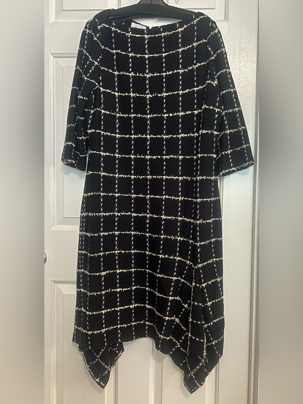 St. John Black and White Windowpane Eyelash Dress